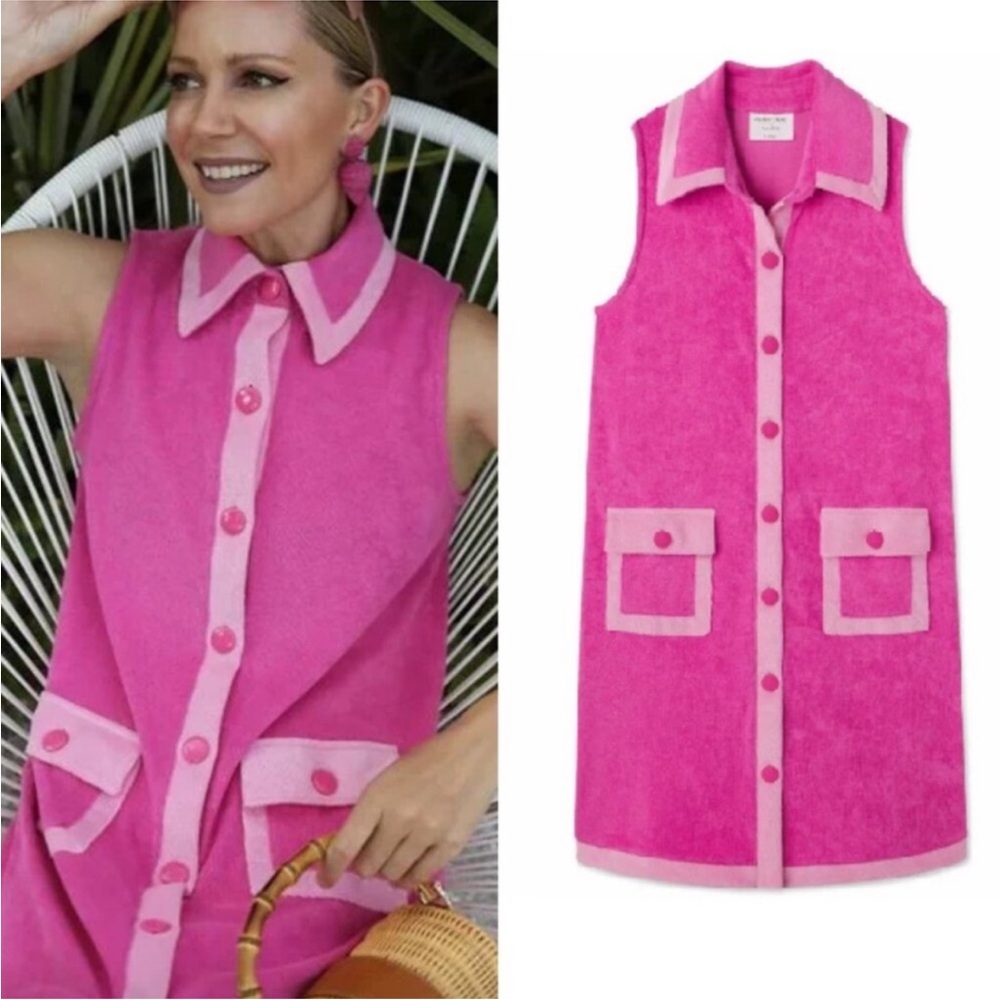 Bright Pink Sleeveless Collared Mini Dress with Contrast Trim
